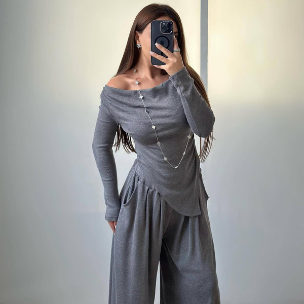European and American women's clothing temperament suit slim and thin one-word shoulder long-sleeved top women's African casual trousers two-piece suit