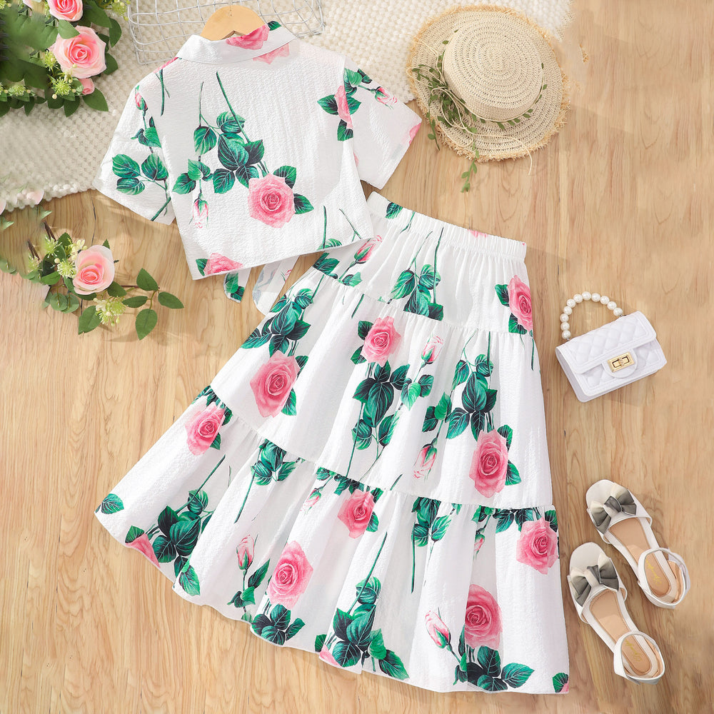 new arrival female youth short-sleeved lapel flower printing + skirt suit one piece dropshipping