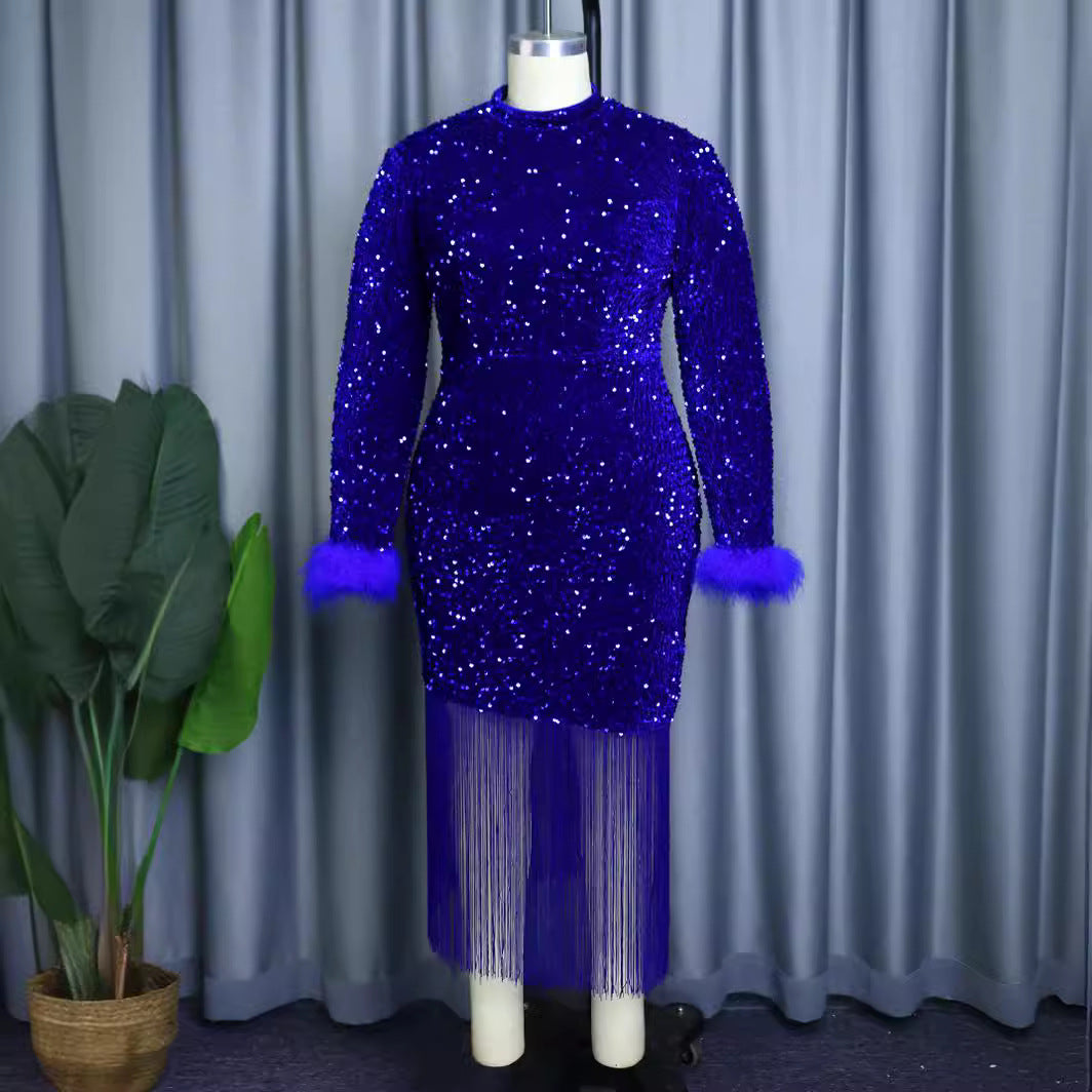 AM030703 Christmas Dress Long Sleeve Skirt, Party Banquet Ball Costume Tassel Sequin Dress Dress