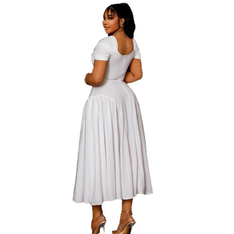 European and american style elegant women's solid color pleated a-line dress v-neck short sleeve slim fit backless maxi dress banquet gown