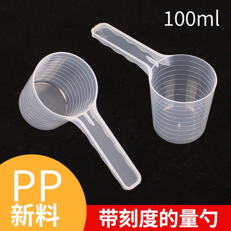 Individually wrapped 100ml clear plastic measuring spoons for powder, liquid, fertilizer, feed (non-edible), water, and 100g measurements