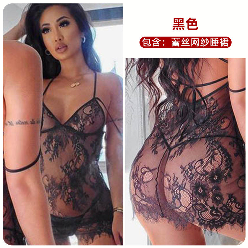 new sexy lingerie nightgown - lace mesh see-through babydoll with back tie straps (model b3064)