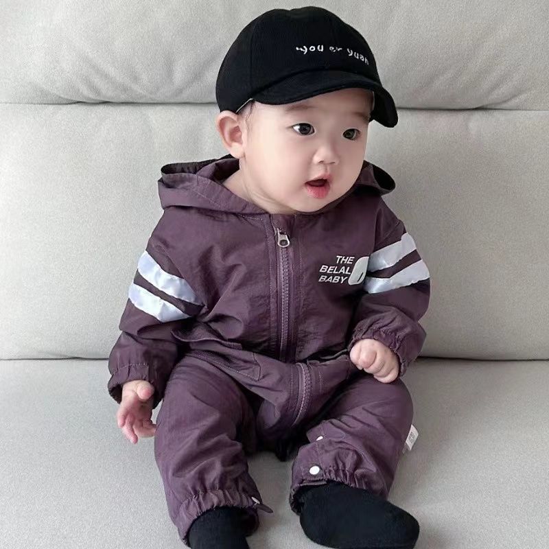 Baby boy's autumn casual sports long-sleeve romper, infant korean style hooded outfit, stylish new bodysuit