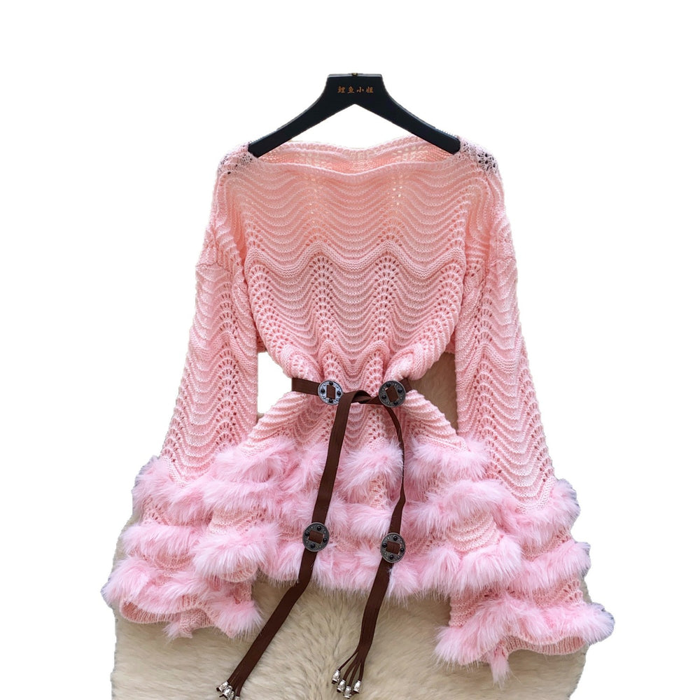 Pure desire hot girl heavy industry fur patchwork cut outlong sleevesknittingtops women's fashion straps waist classysensesweater