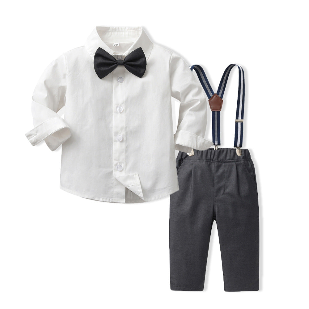 New british style boys' spring outfit: long-sleeved white shirt and suspender pants formal set - spring new arrivals for boys' clothing