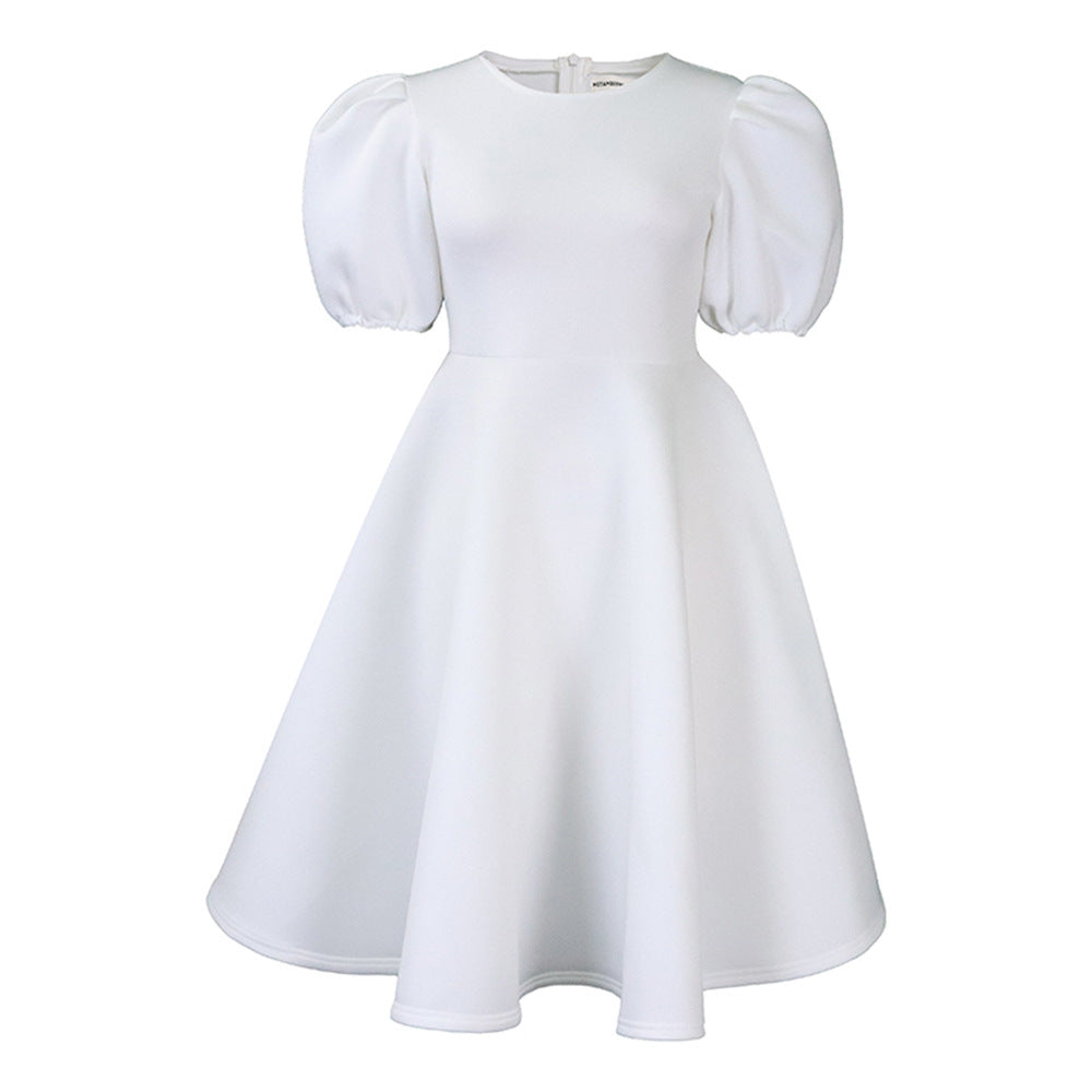 D3178 cross-border fashion  round neck elegant puff sleeve waist large swing dress a-line foreign trade dress