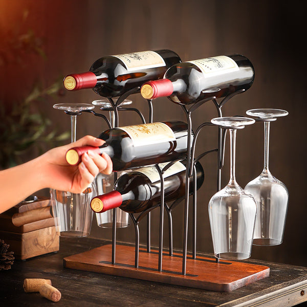 Home wine rack 4 bottles 4 cups high and low staggered wine rack red wine glass red wine rack G-shaped cup hanging Y-shaped wine tray storage rack