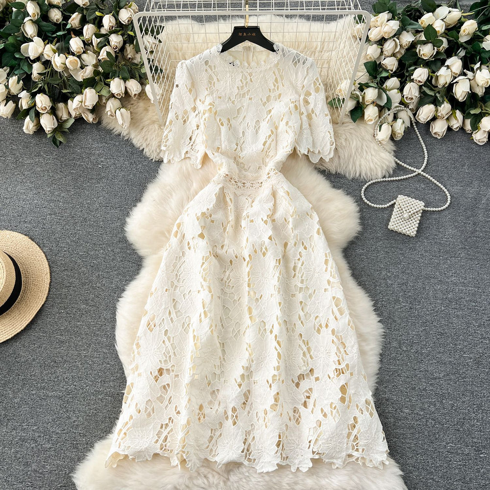 Early spring dress 2024 new women's spring and autumn heavy water-soluble lace cut out airy longdress vacation dress