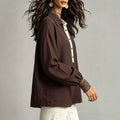 Casual patchwork plus size shirt - collared, color block placket, loose fit, slimming long sleeve women's top
