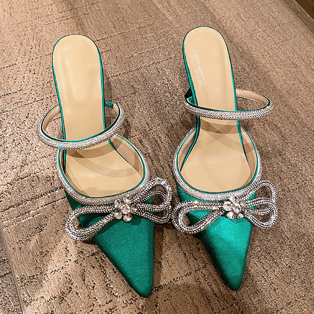 European and american black bow rhinestone high heel slippers pointed toe closed toe slip-on sandals outdoor european and american style stiletto heels