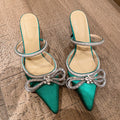 European and american black bow rhinestone high heel slippers pointed toe closed toe slip-on sandals outdoor european and american style stiletto heels