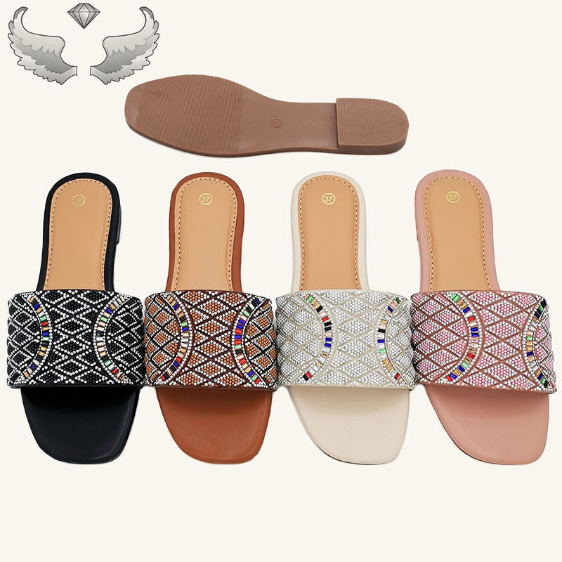 Factory ladies slippers批发夏季时尚水钻平底防滑凉拖工艺鞋女