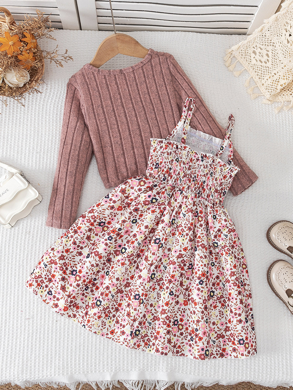 autumn new arrivals: european & american style textured shawl long-sleeve floral dress for girls - princess style