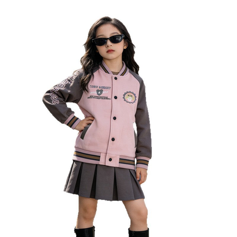 Girls' spring outfit : spring/autumn baseball jacket for girls, middle-to-large children's outerwear, preppy style, new trendy children's fashion, popular online