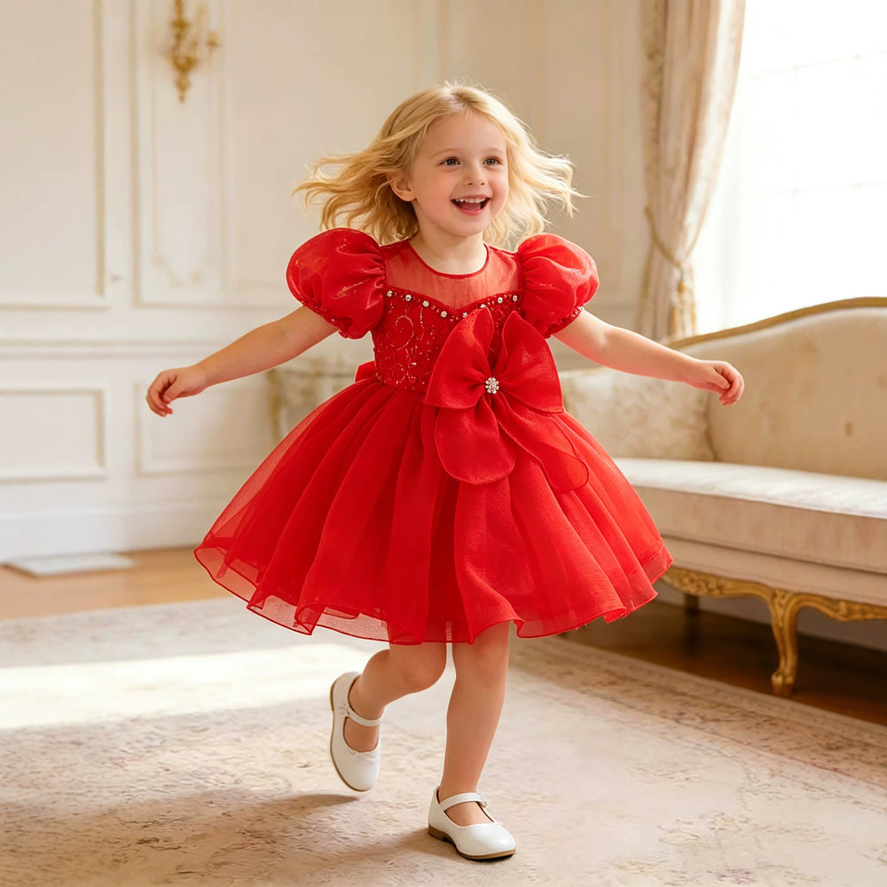 New arrival: children's formal dress - bowknot, puff sleeves, tiered princess dress for flower girls