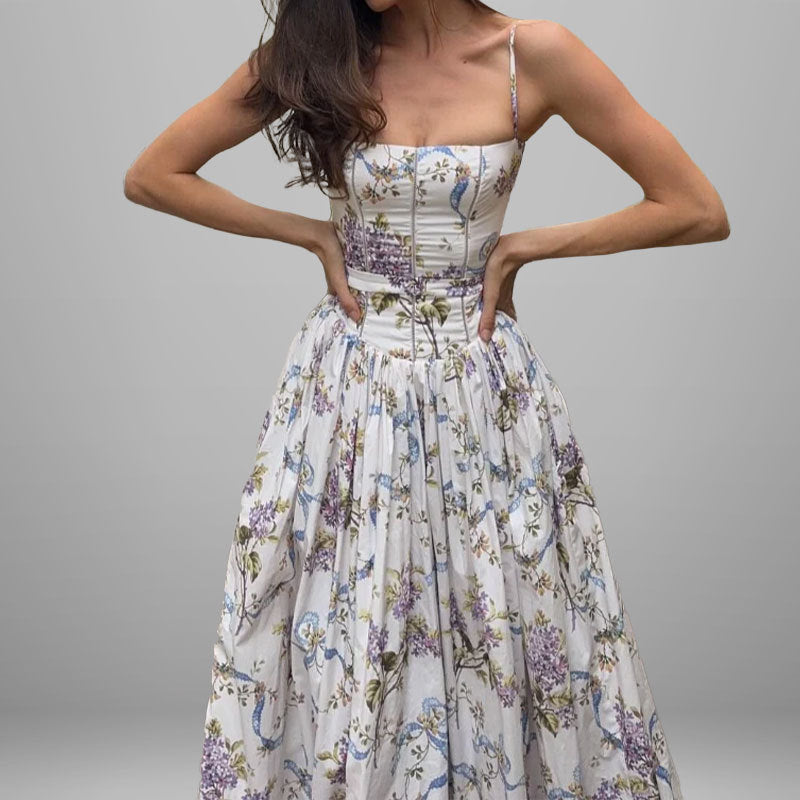 cross-border e-commerce women's fashion: european and american summer new arrivals - french style floral print square neck slip dress