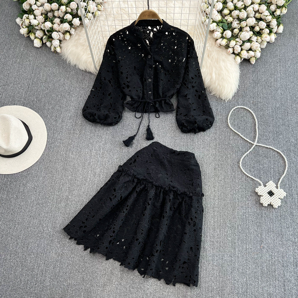 Retroelegantv neckcut outembroidered lantern sleeveshortshirt women's two-piece set high waistslimming looka-line skirt