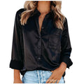 spring/summer solid color long-sleeve blouse: elegant commute style with turn-down collar, european and american fashion solid color cardigan, satin shirt