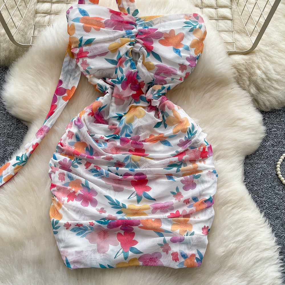 Small fresh haltercut out floral dress women's summer sleeveless waist slimming look hip-covering short skirt holiday style