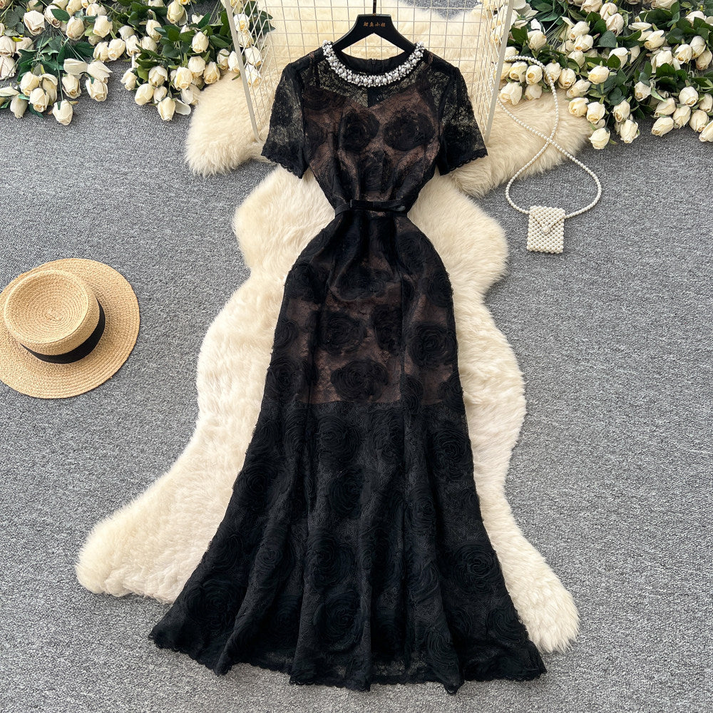 French chic luxury beaded round neck short sleeve lace dress - women's summer slim fit mermaid maxi dress