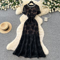 French chic luxury beaded round neck short sleeve lace dress - women's summer slim fit mermaid maxi dress