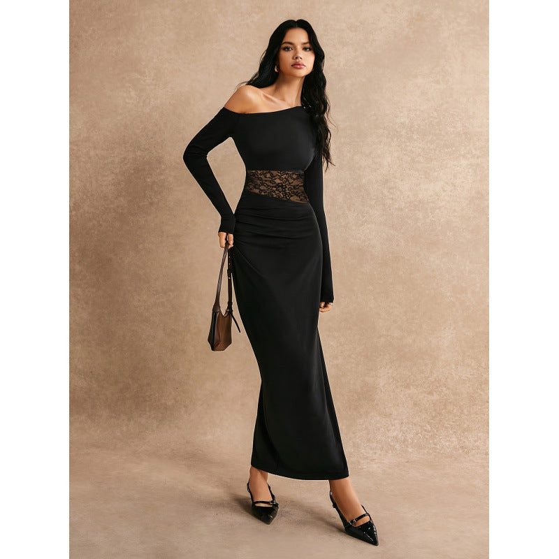 Real shot of export women's pure color oblique shoulder long sleeveslacepatchworkelegancelongdress