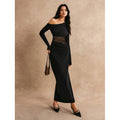 Real shot of export women's pure color oblique shoulder long sleeveslacepatchworkelegancelongdress