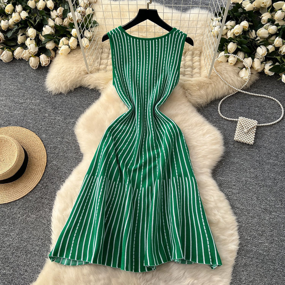 Classysense niche style square neck sleeveless stripesknittingdress women's summer waist slimming looka-line sweater vest dress