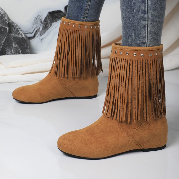 Plus size tassel boots exportautumnew arrivalfashion style suede v-mouth round toe hidden heel women's boots cross-border