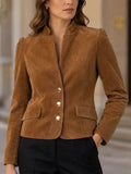 Autumn/winter caramel suede-look jacket - stand collar, three-button, slim fit, cropped length, chic commute, vintage women's outerwear