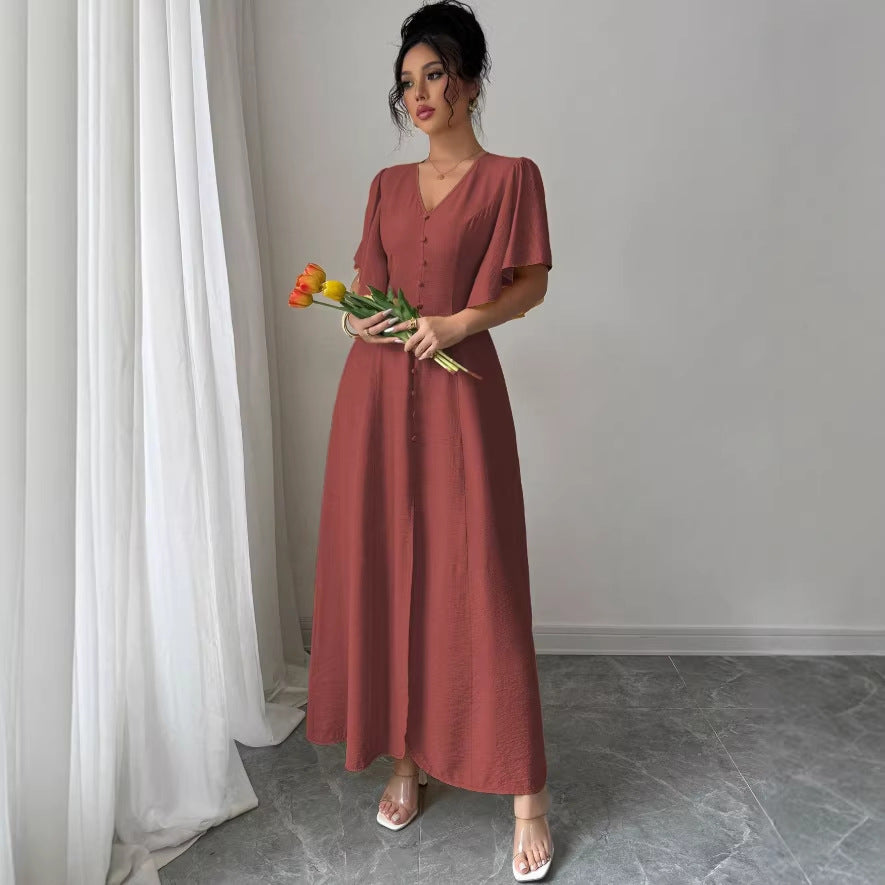 cross-border fashion: european & american  style - elegant deep v-neck solid color single-breasted waist-cinching women's short-sleeve top