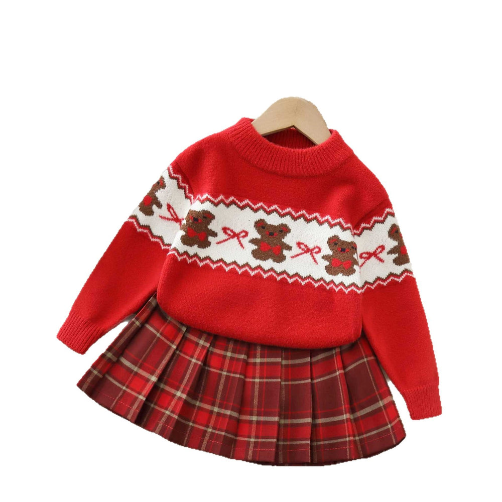Girls' fall/winter sweater: thickened red base layer with bow and bear design - winter knitted wool sweater for big kids