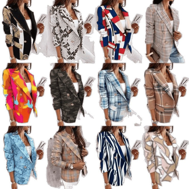 Fall and winternew arrivallong sleeves double-breasted fashioncasualprinting small suit women's silmwoolenoutwear