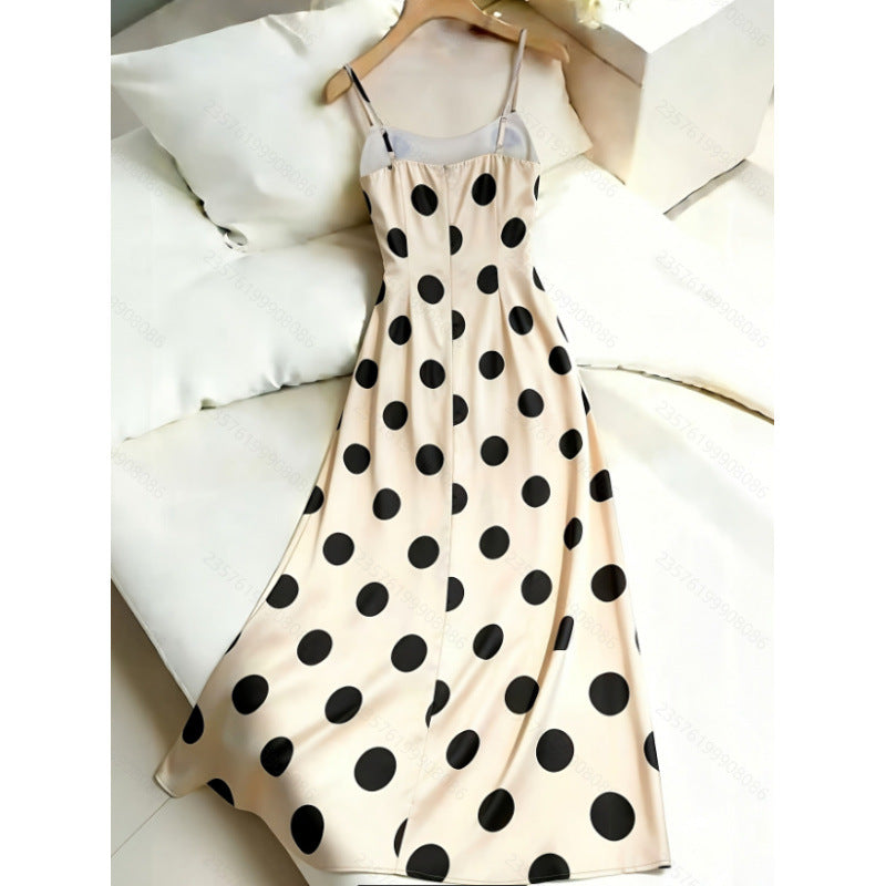 Women's new summer fashionable minimalist elegant satin polka dot cinched waist long slip dress - perfect for dates