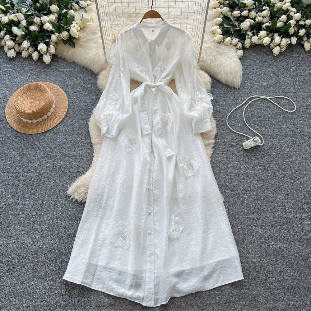 Frenchclassy heavy industry beading stereo flower lapel long sleeves single breasted strap waist elegantdress women