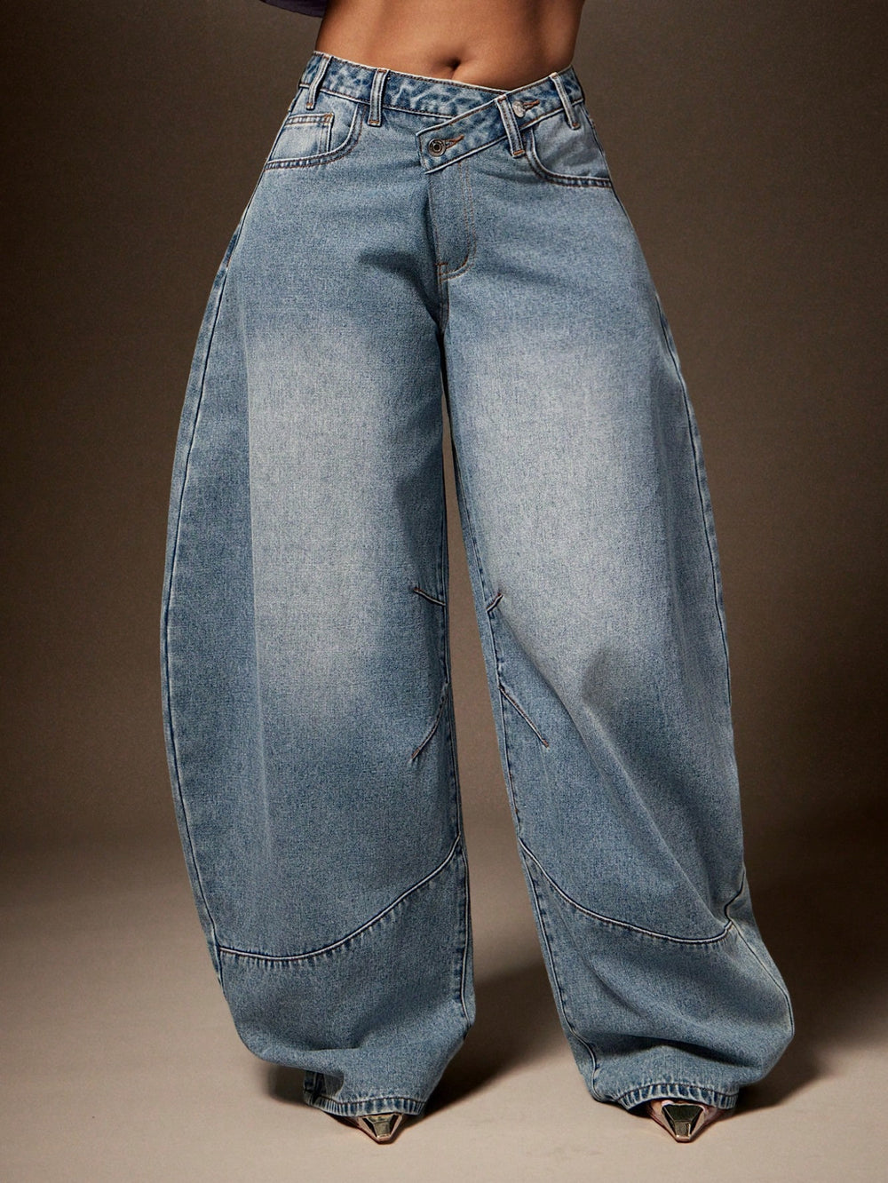 Fashionjeans women's high waist large arc wide leg mop pants distressed split stitching niche style denim pants
