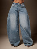 Fashionjeans women's high waist large arc wide leg mop pants distressed split stitching niche style denim pants