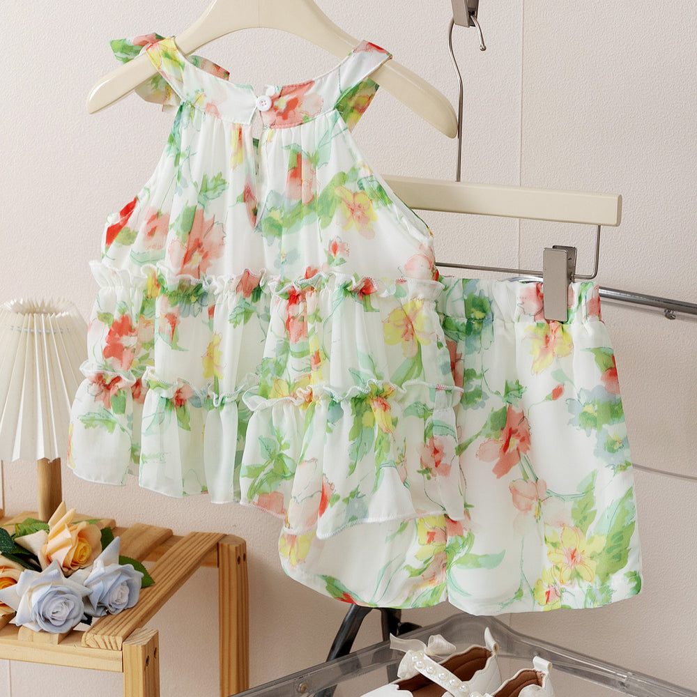 new product girl fashion style sling fresh floral chiffon fashion socialite + shortssuit