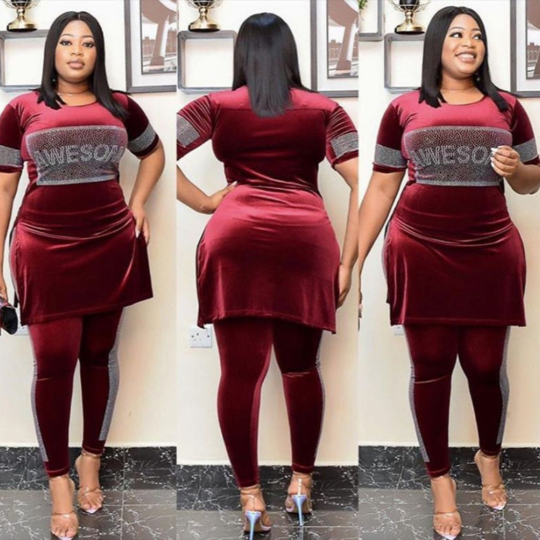 Special offer: factory direct, export-quality, fashionable african women's velvet top and pencil pants slim-fit set with hotfix rhinestones