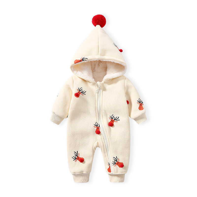 Baby fall and winter clothes jumpsuit fleece-lined men's and women's baby long sleevesheattech zipper shirt romper hooded christmas deer