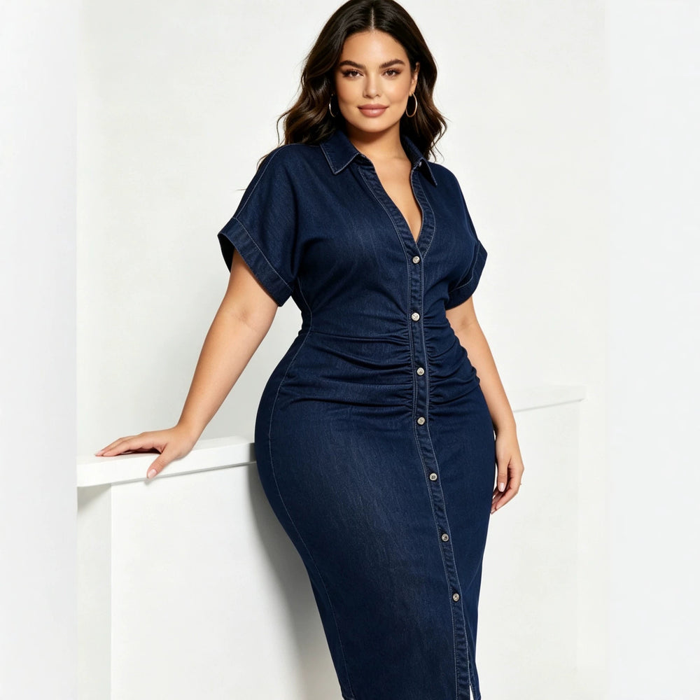 Amazon cross-border fashion: new european and american summer short-sleeve denim button-down dress for women, plus size available