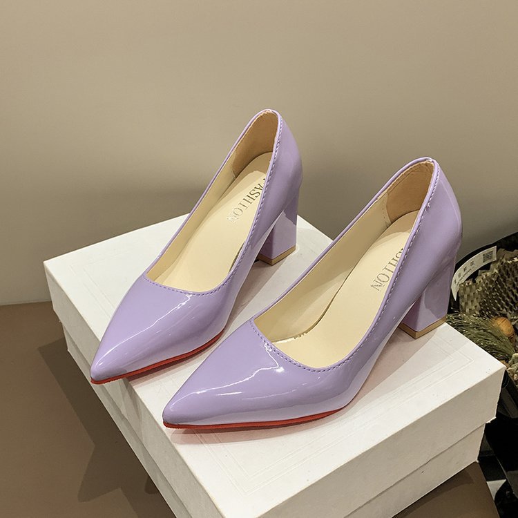 Exportnew arrivalplus size pointed toe square heel high heels 2026 summer shallow mouth fashion patent leather thick heel professional women's flats