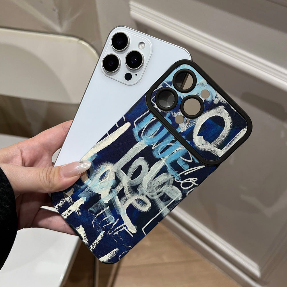 Niche art graffiti mobile phone case suitable for iphone16 anti-fall apple 17promax blue background and white lettering soft case