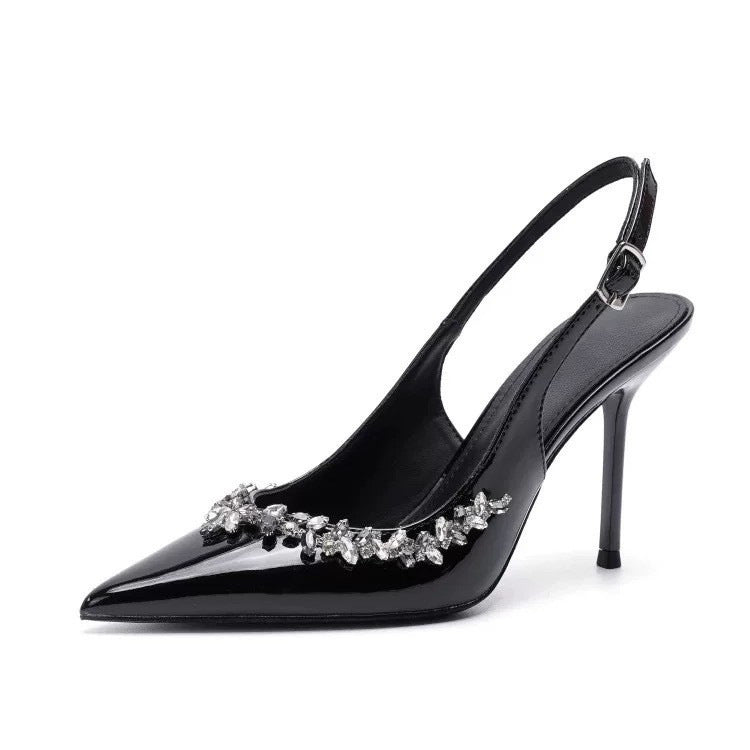 2026 spring/autumn new pointed-toe rhinestone high heels women's black patent leather v-cut stiletto sexy closed-toe pumps sandals