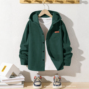 Spring & fallnew arrivalfashionkids hooded new arrivalshirt casualpure coloreasiest for matchretro dark green boys shirt
