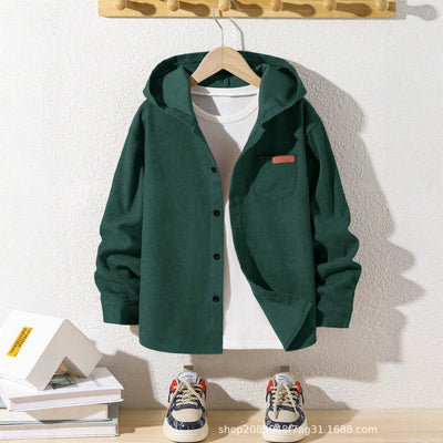 Spring & fallnew arrivalfashionkids hooded new arrivalshirt casualpure coloreasiest for matchretro dark green boys shirt