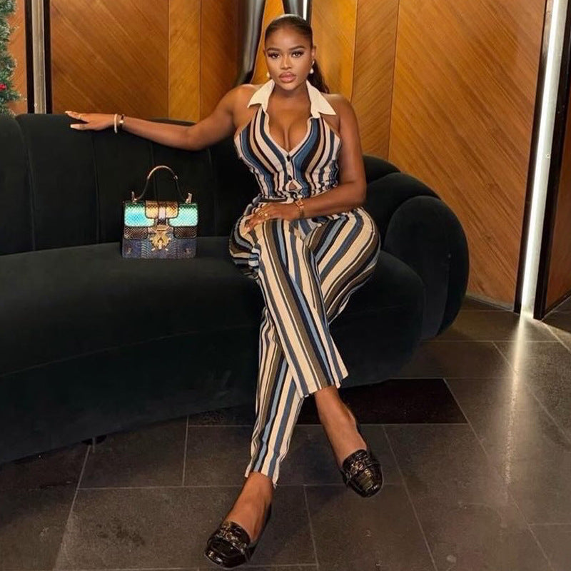 European and american style ins foreign trade women's personalized striped slim-fit pantsuit v-neck button fashion print two-piece set