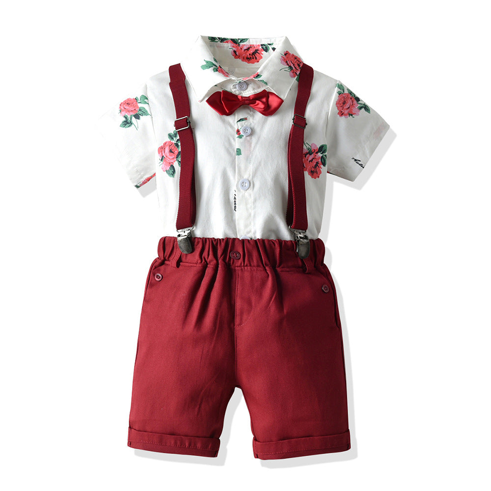 Wholesale foreign trade new children's summer outfit: boys' short-sleeve shirt with rose print, cotton set with belt - direct from the manufacturer