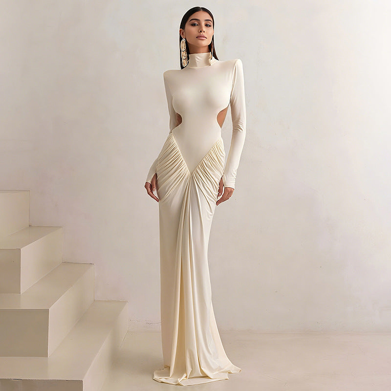 fashion  autumn new arrival women's pure colorlong sleeves high collarelegant silm pleated backless long dress