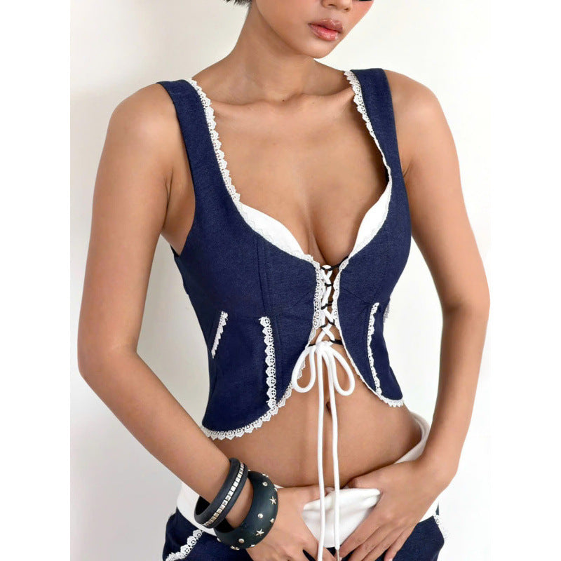 Amazon women's clothing  summer new american hot girl backless lace trim tie-up sleeveless crop top